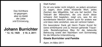 Traueranzeige von Johann Burrichter von Nordwest-Zeitung
