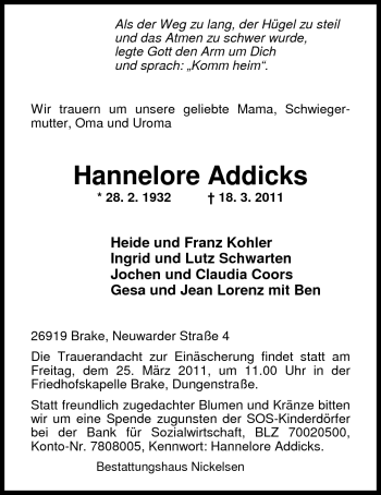 Traueranzeige von Hannelore Addicks von Nordwest-Zeitung