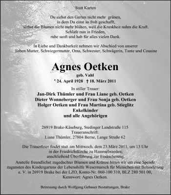 Traueranzeige von Agnes Oetken von Nordwest-Zeitung