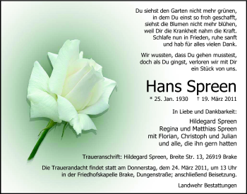Traueranzeige von Hans Spreen von Nordwest-Zeitung