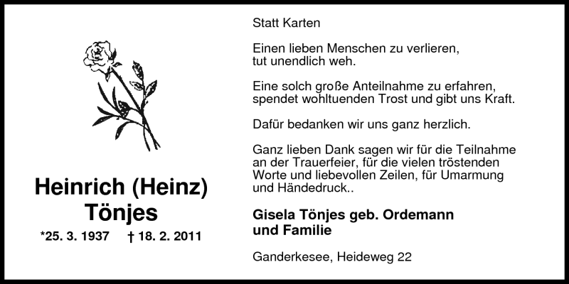  Traueranzeige für Heinrich (Heinz) Tönjes vom 25.03.2011 aus Nordwest-Zeitung