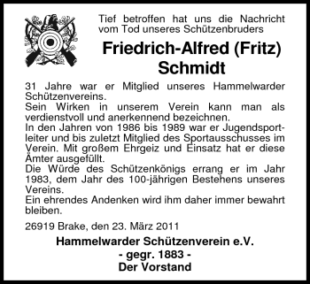 Traueranzeige von Friedrich (Fritz) Schmidt von Nordwest-Zeitung