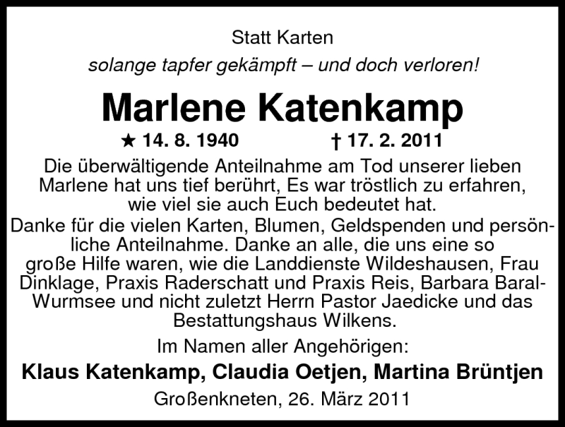  Traueranzeige für Marlene Katenkamp vom 26.03.2011 aus Nordwest-Zeitung