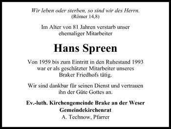 Traueranzeige von Hans Spreen von Nordwest-Zeitung