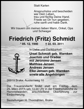 Traueranzeige von Friedrich (Fritz) Schmidt von Nordwest-Zeitung