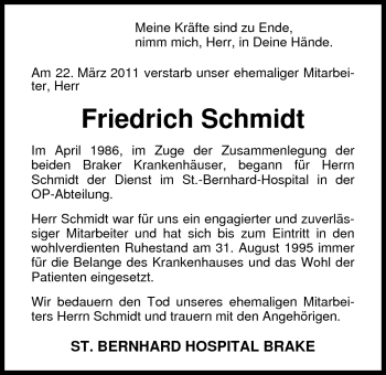 Traueranzeige von Friedrich (Fritz) Schmidt von Nordwest-Zeitung