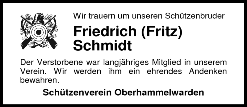  Traueranzeige für Friedrich (Fritz) Schmidt vom 24.03.2011 aus Nordwest-Zeitung