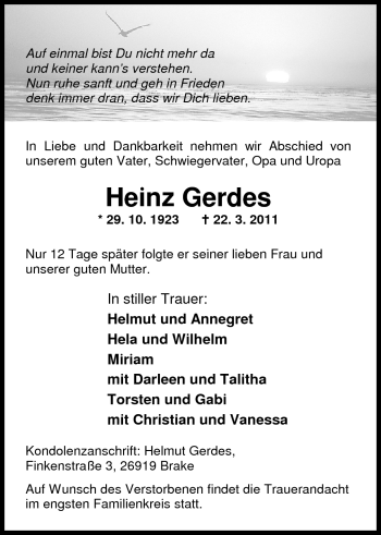 Traueranzeige von Heinz Gerdes von Nordwest-Zeitung