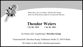 Traueranzeige von Theodor Weiers von Nordwest-Zeitung