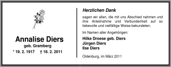 Traueranzeige von Annalise Diers von Nordwest-Zeitung