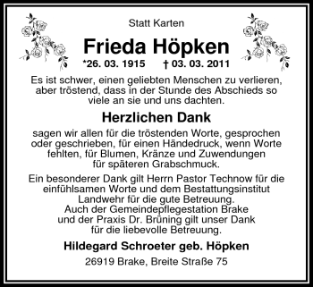 Traueranzeige von Frieda Höpken von Nordwest-Zeitung