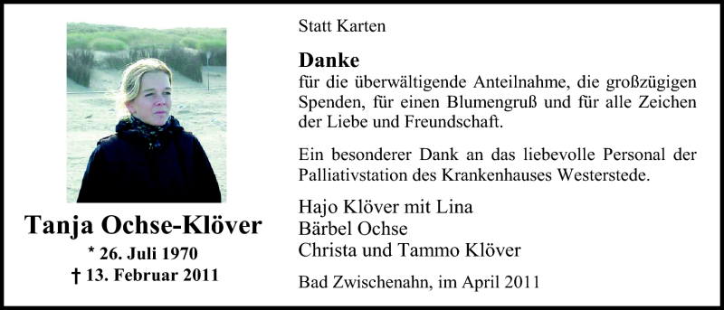  Traueranzeige für Tanja Ochse-Klöver vom 02.04.2011 aus Nordwest-Zeitung