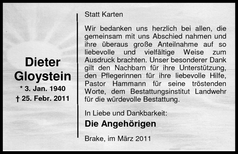  Traueranzeige für Dieter Gloystein vom 02.04.2011 aus Nordwest-Zeitung