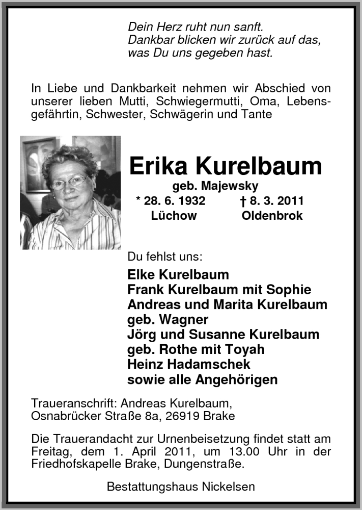  Traueranzeige für Erika Kurelbaum vom 29.03.2011 aus Nordwest-Zeitung