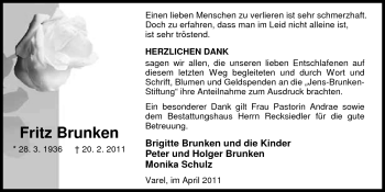 Traueranzeige von Fritz Brunken von Nordwest-Zeitung