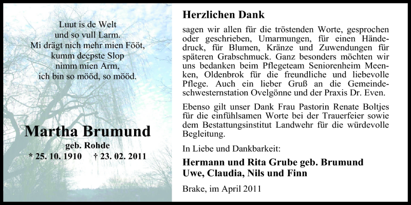  Traueranzeige für Martha Brumund vom 01.04.2011 aus Nordwest-Zeitung