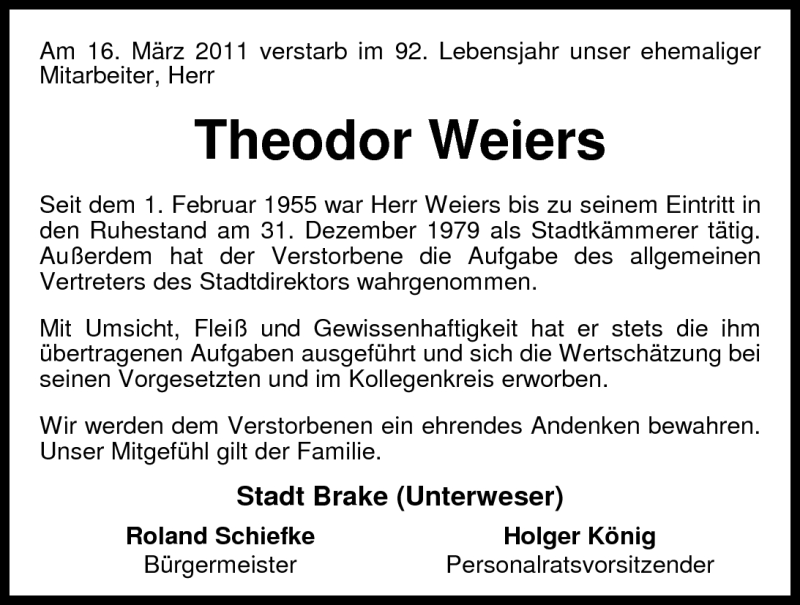  Traueranzeige für Theodor Weiers vom 30.03.2011 aus Nordwest-Zeitung