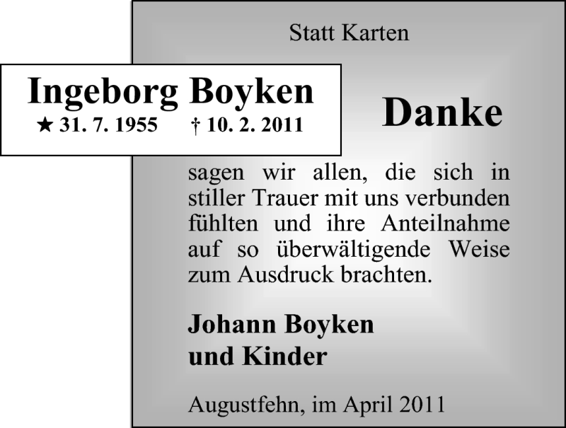  Traueranzeige für Ingeborg Boyken vom 02.04.2011 aus Nordwest-Zeitung