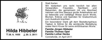 Traueranzeige von Hilda Hibbeler von Nordwest-Zeitung