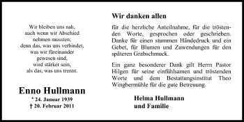 Traueranzeige von Enno Hullmann von Nordwest-Zeitung