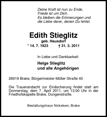Traueranzeige von Edith Stieglitz von Nordwest-Zeitung