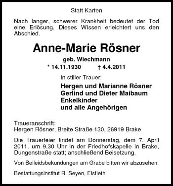 Traueranzeige von Anne-Marie Rösner von Nordwest-Zeitung
