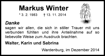 Traueranzeige von Markus Winter von Nordwest-Zeitung
