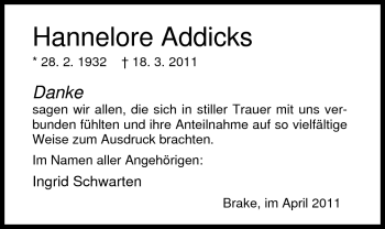 Traueranzeige von Hannelore Addicks von Nordwest-Zeitung
