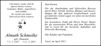 Traueranzeige von Almuth Schmolke von Nordwest-Zeitung