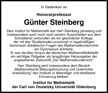 Traueranzeige von Prof. Günter Steinberg von Nordwest-Zeitung
