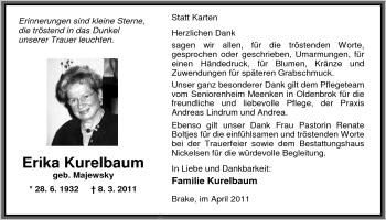 Traueranzeige von Erika Kurelbaum von Nordwest-Zeitung