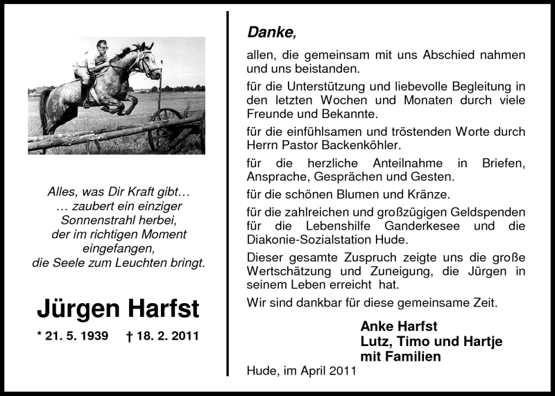  Traueranzeige für Jürgen Harfst vom 09.04.2011 aus Nordwest-Zeitung