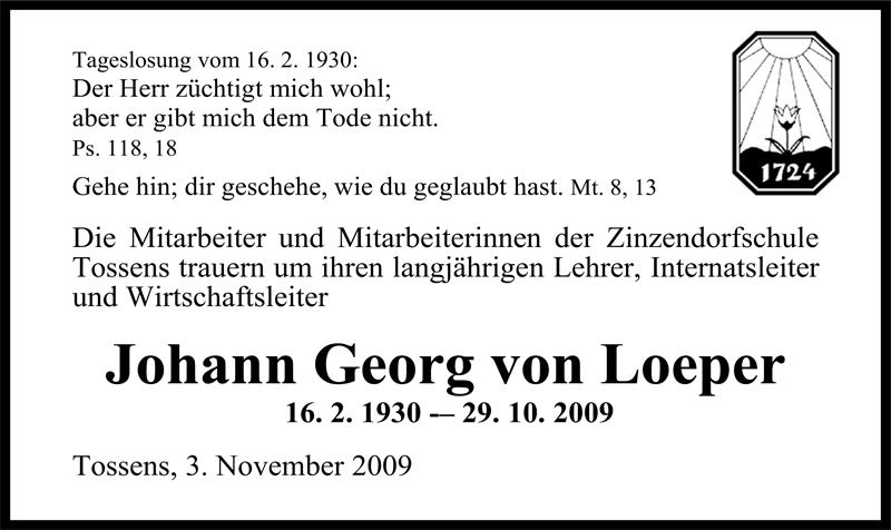  Traueranzeige für Johann Georg von Loeper vom 07.11.2009 aus Nordwest-Zeitung