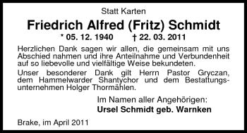 Traueranzeige von Friedrich (Fritz) Schmidt von Nordwest-Zeitung