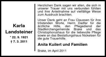 Traueranzeige von Karla Landsteiner von Nordwest-Zeitung
