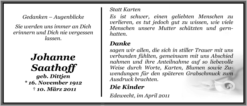  Traueranzeige für Johanne Saathoff vom 16.04.2011 aus Nordwest-Zeitung