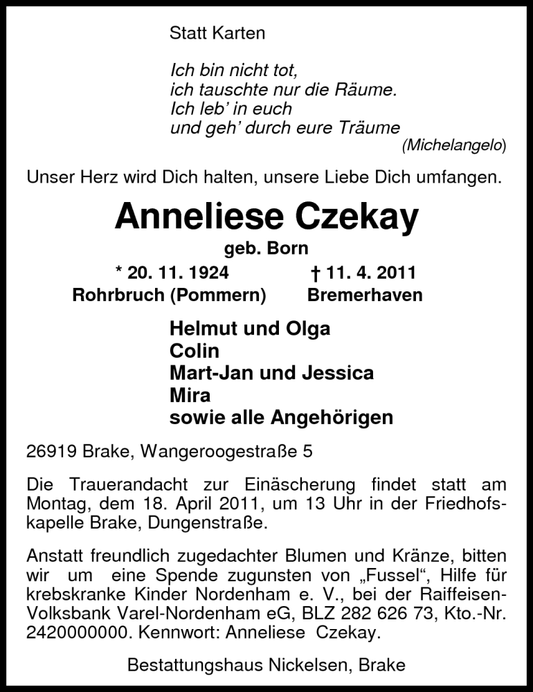  Traueranzeige für Anneliese Czekay vom 14.04.2011 aus Nordwest-Zeitung