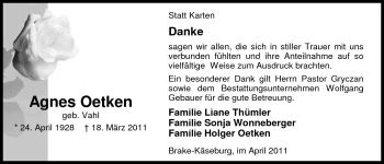 Traueranzeige von Agnes Oetken von Nordwest-Zeitung