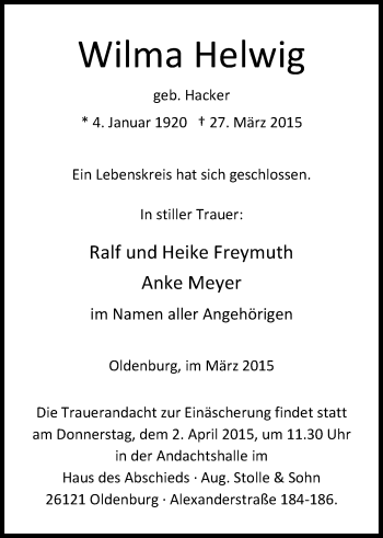 Traueranzeige von Wilma Helwig von Nordwest-Zeitung