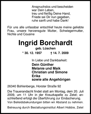 Traueranzeige von Ingrid Borchardt von Nordwest-Zeitung