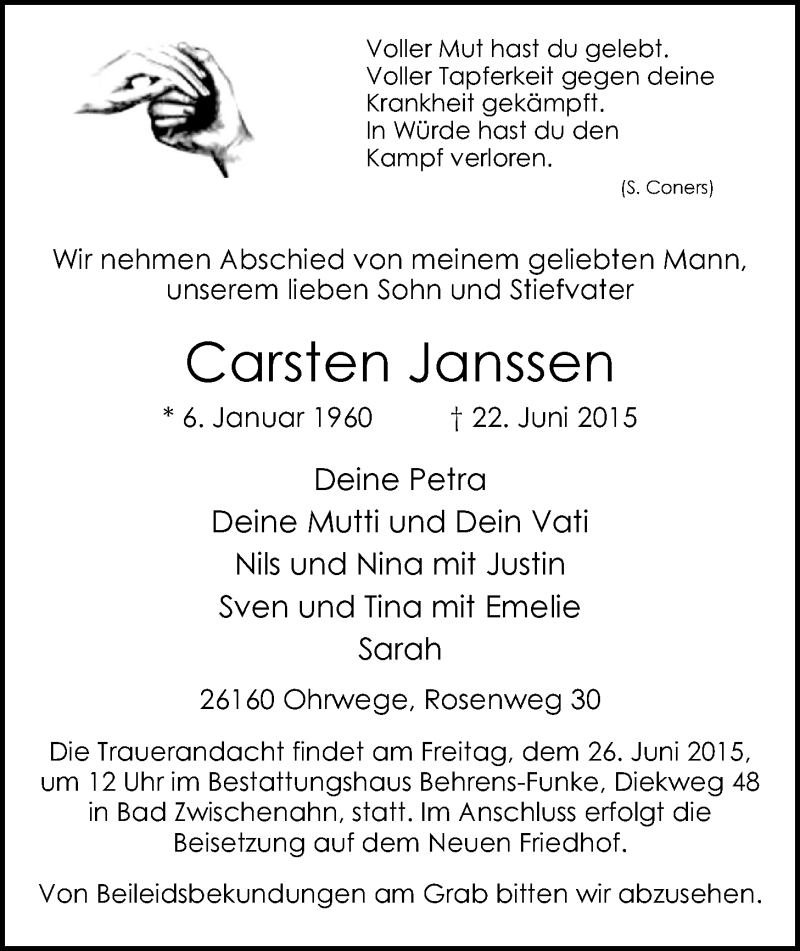  Traueranzeige für Carsten Janssen vom 24.06.2015 aus Nordwest-Zeitung