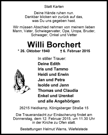 Traueranzeige von Willi Borchert von Nordwest-Zeitung