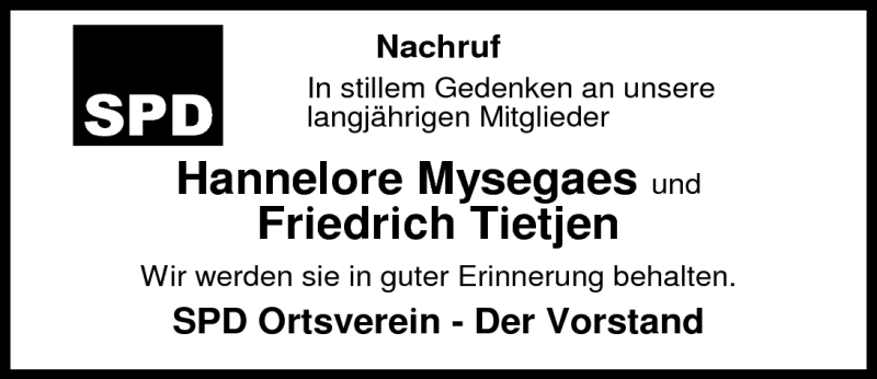  Traueranzeige für Hannelore Mysegaes vom 16.04.2011 aus Nordwest-Zeitung