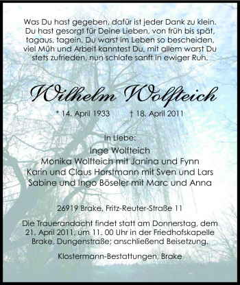 Traueranzeige von Wilhelm Wolfteich von Nordwest-Zeitung