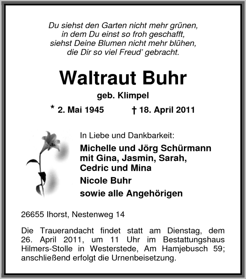  Traueranzeige für Waltraut Buhr vom 20.04.2011 aus Nordwest-Zeitung