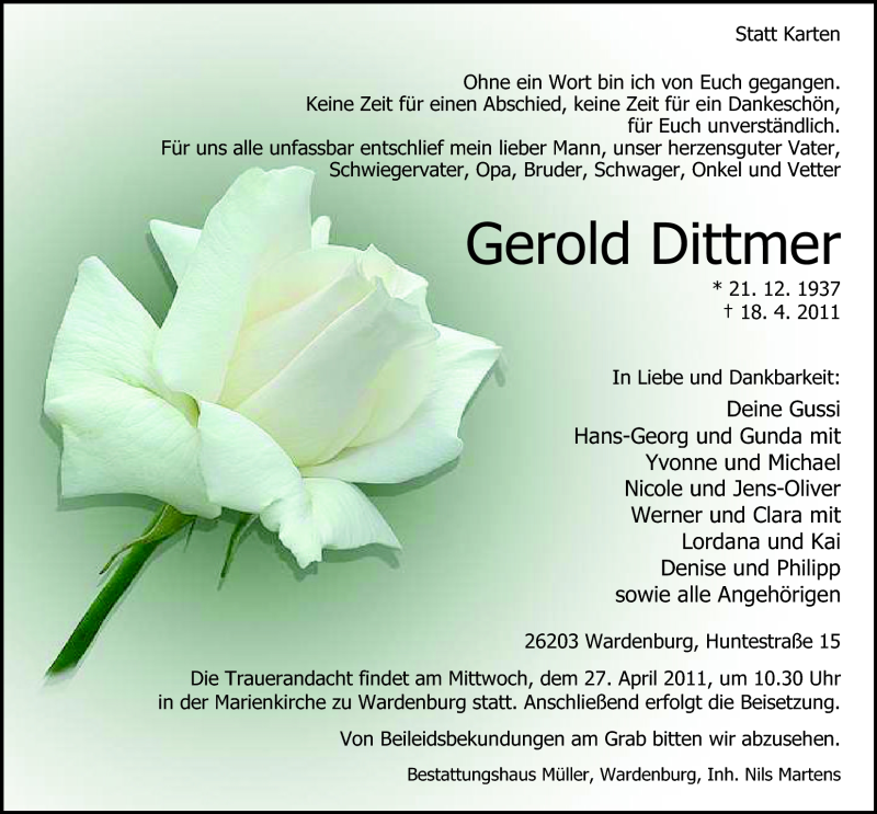  Traueranzeige für Gerold Dittmer vom 21.04.2011 aus Nordwest-Zeitung