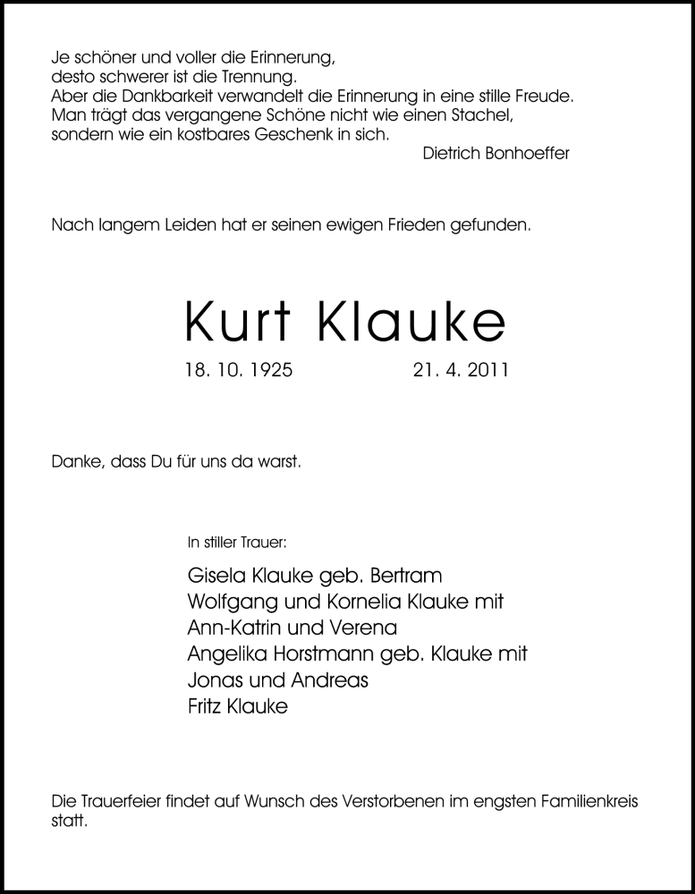  Traueranzeige für Kurt Klauke vom 23.04.2011 aus Nordwest-Zeitung