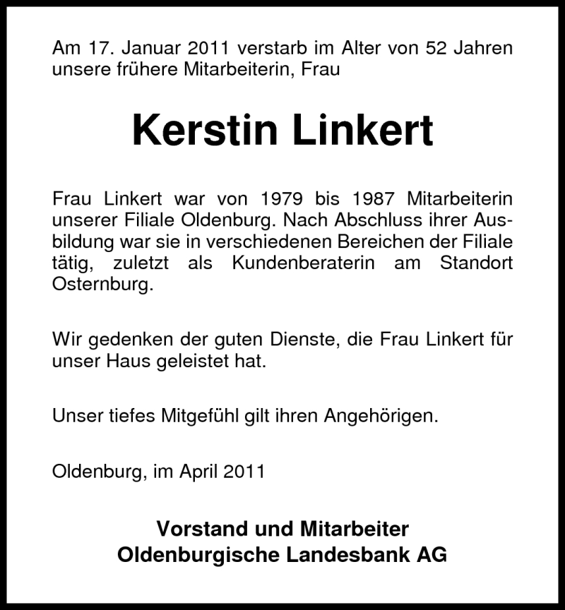  Traueranzeige für Kerstin Linkert vom 23.04.2011 aus Nordwest-Zeitung