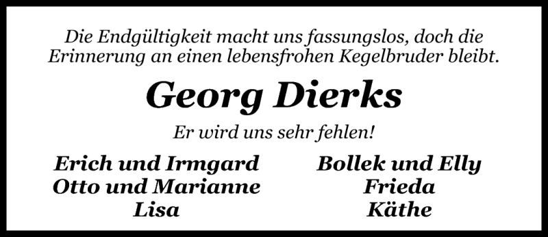  Traueranzeige für Georg Dierks vom 26.04.2011 aus Nordwest-Zeitung