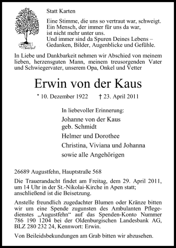 Traueranzeige von Erwin von der Kaus von Nordwest-Zeitung